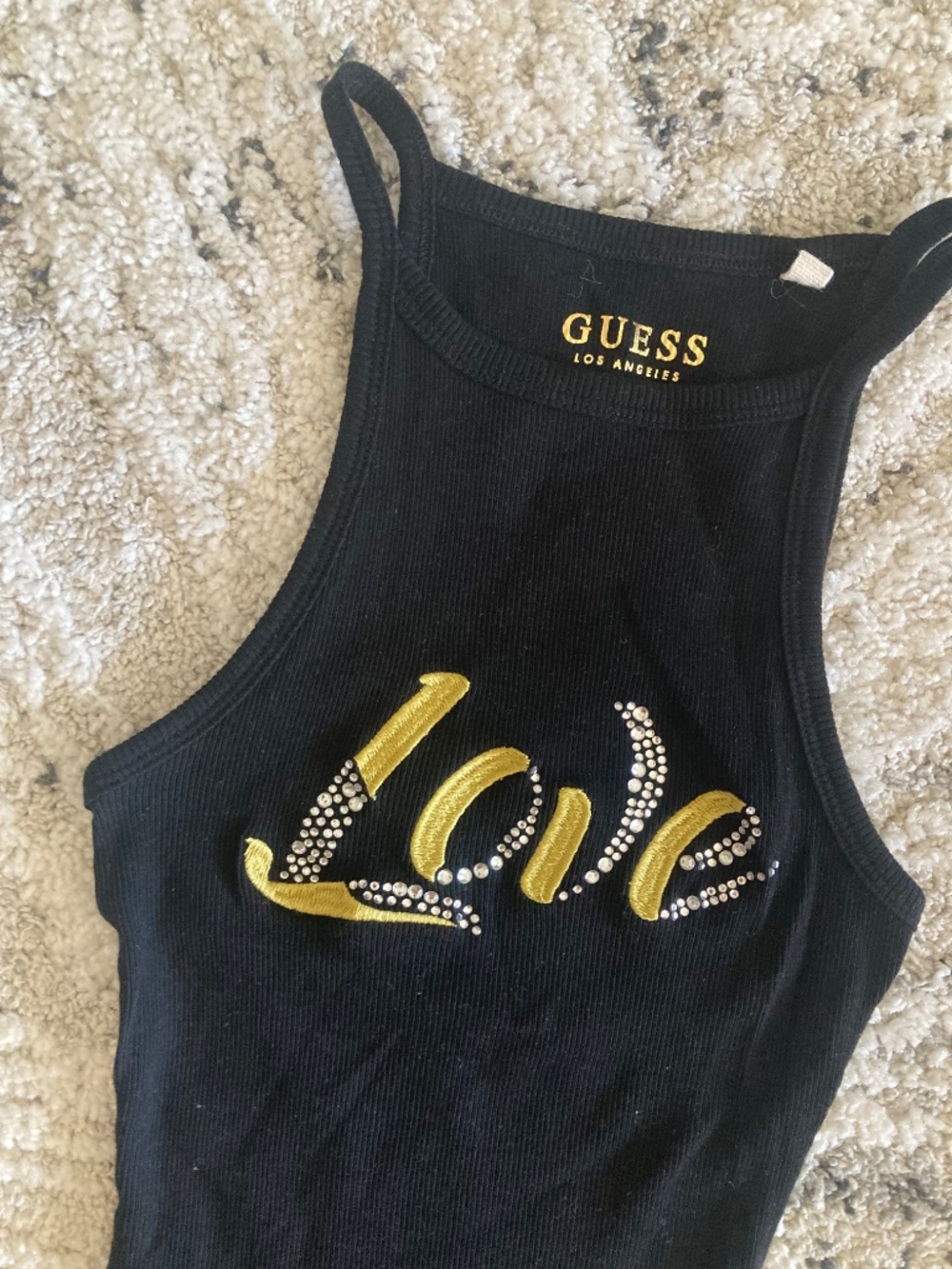 Guess black gold crystal studded logo halter sleeveless tank ribbed top xs - Picture 2 of 4